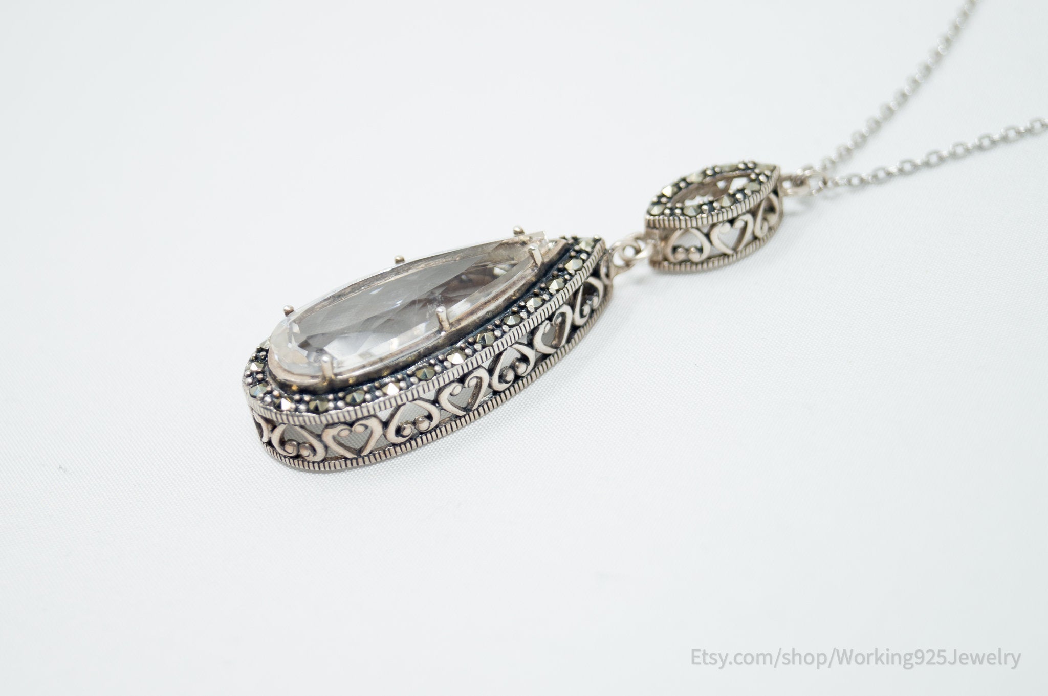 Vintage Marcasite Art Deco Cubic Zirconia Heart Scroll Sterling Silver Necklace