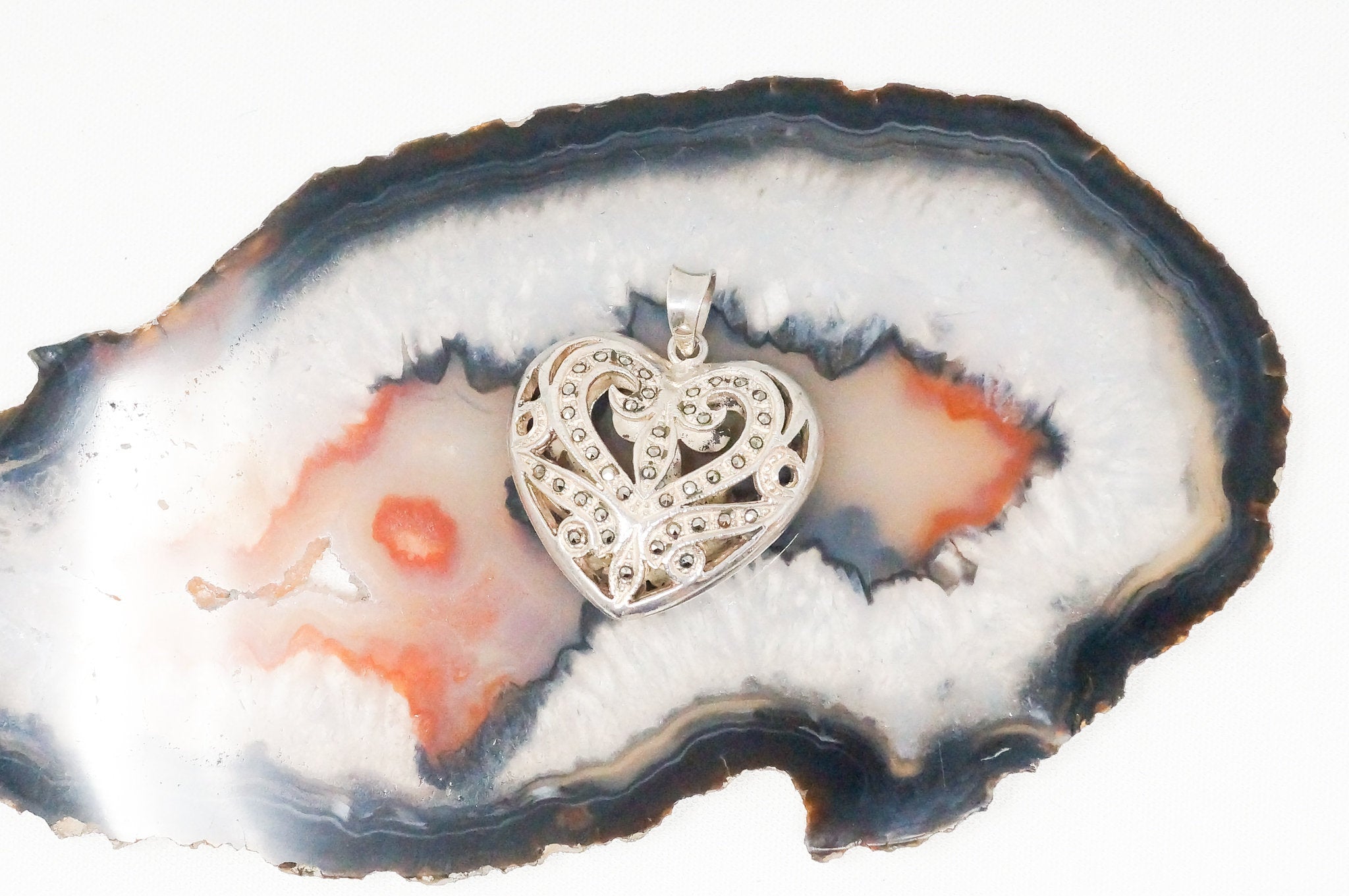 Vintage Marcasite Heart Cut Out Swirl Art Deco Sterling Silver Necklace Pendant