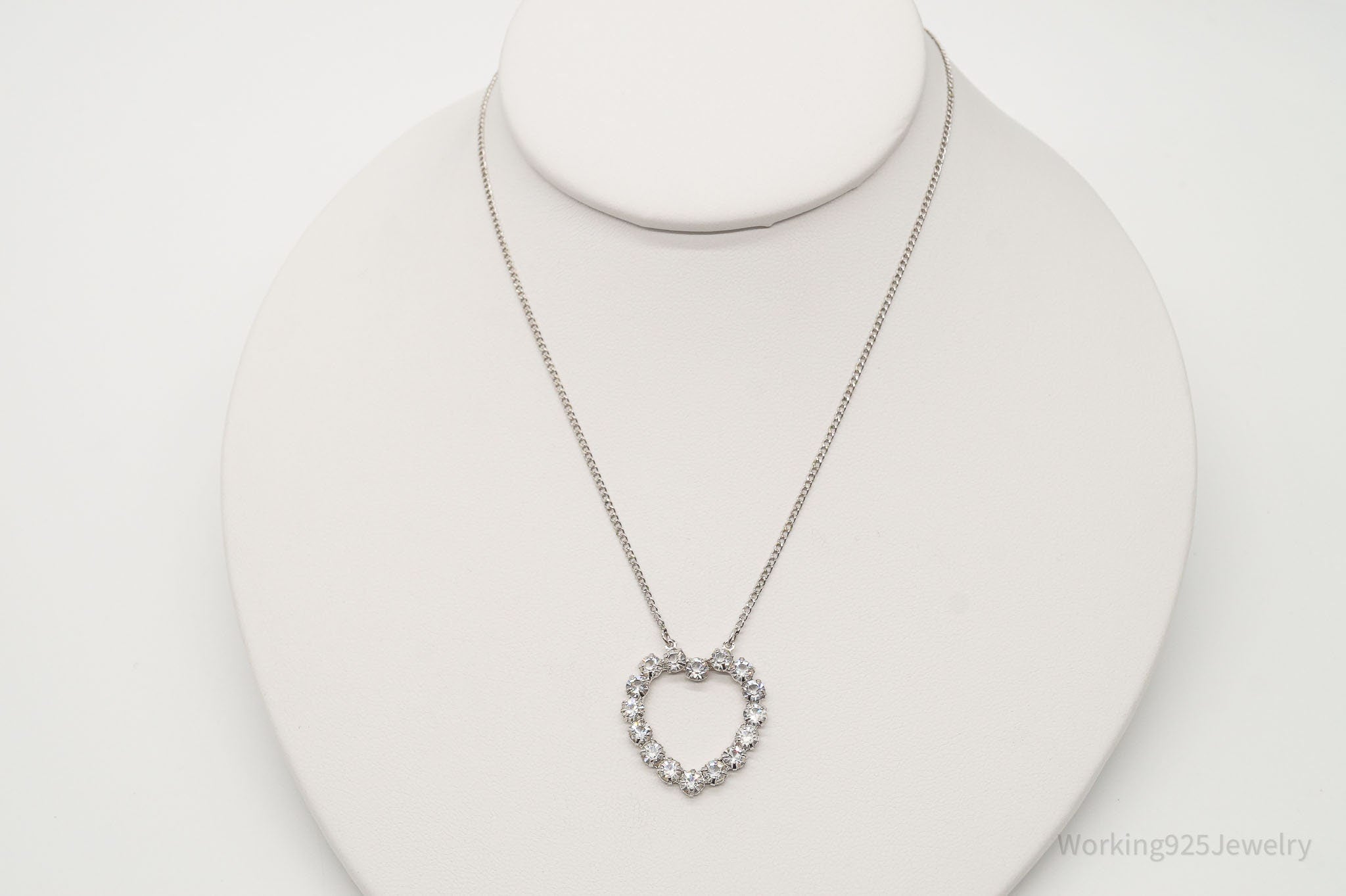 Antique Crystal Heart Sterling Silver Necklace 16"