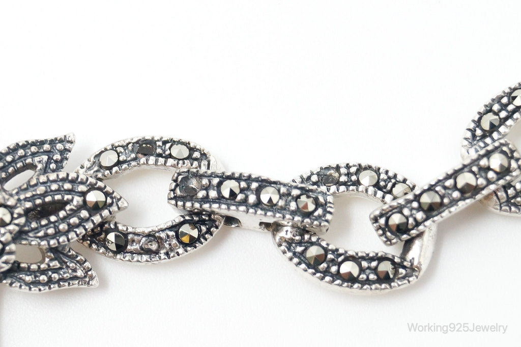 VTG Carved Cameo Shell Black Onyx Marcasite Sterling Silver Necklace