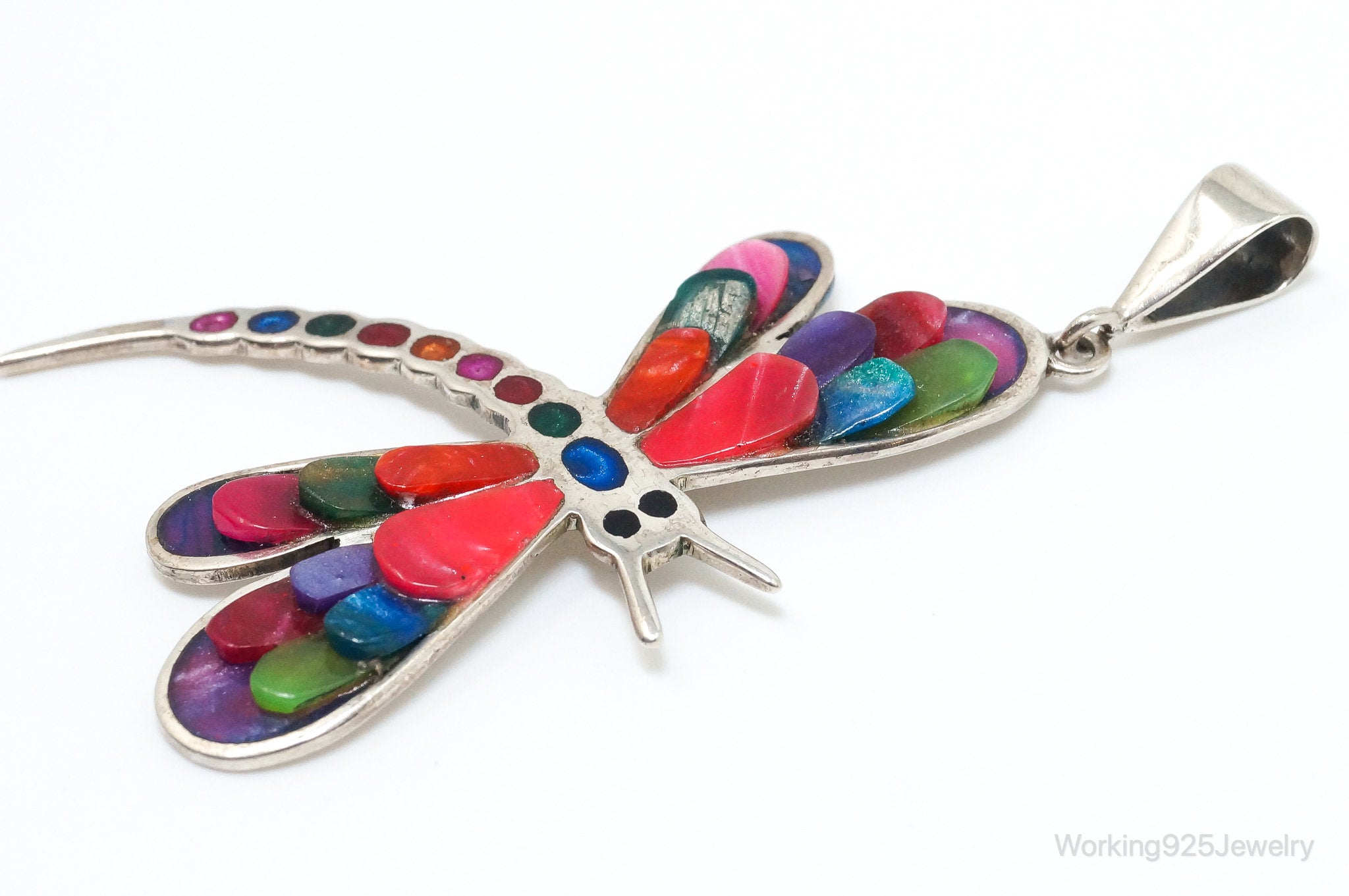 Large Vintage Handmade Multi Color Gem Inlay Dragonfly 950 Silver Pendant