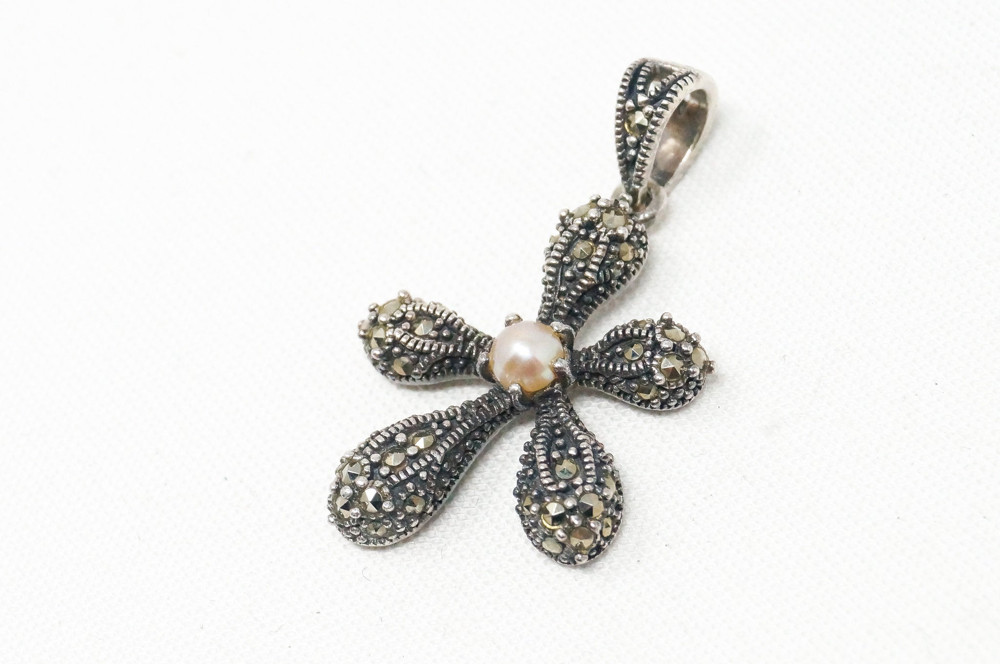 Vintage Flower Pearl Marcasite Sterling Silver Necklace Pendant
