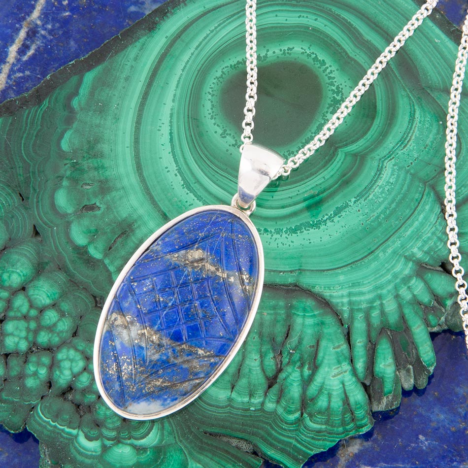 Carved Blue Lapis Sterling Silver Pendant Necklace
