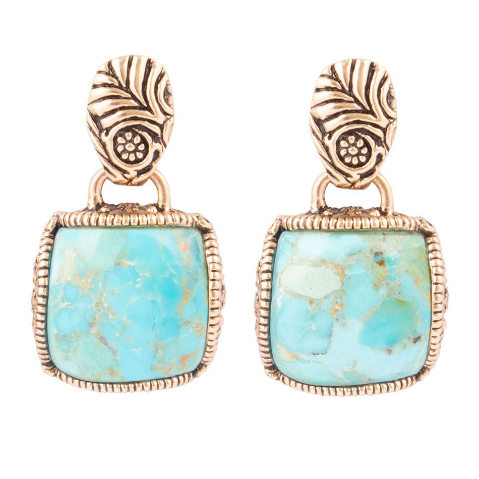 Carved Blue Turquoise Golden Drop Earrings