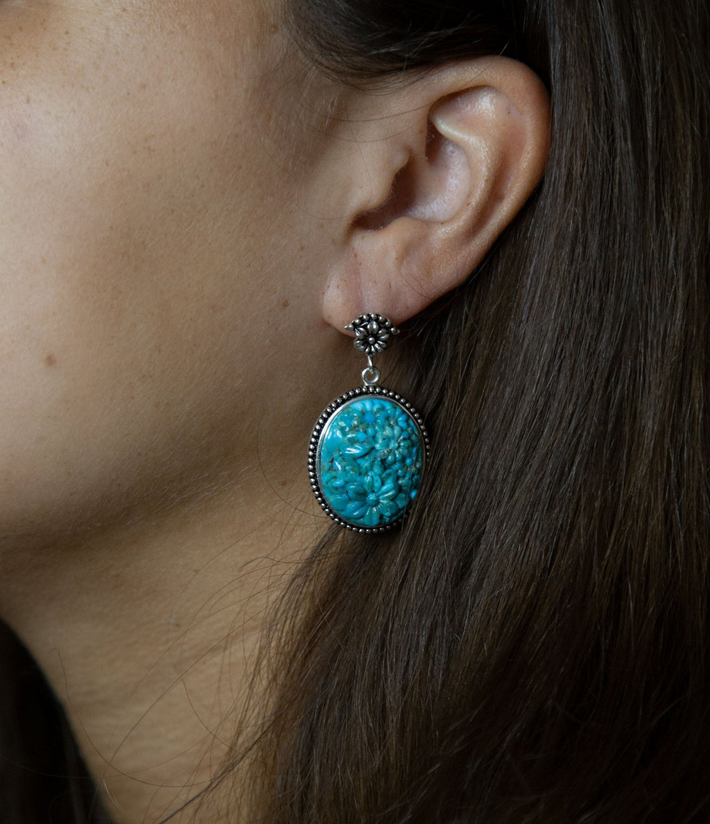 Carved Blue Turquoise Sterling Silver Drop Earrings