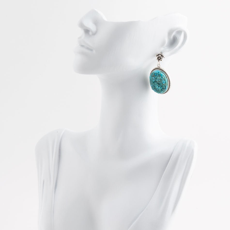 Carved Blue Turquoise Sterling Silver Drop Earrings