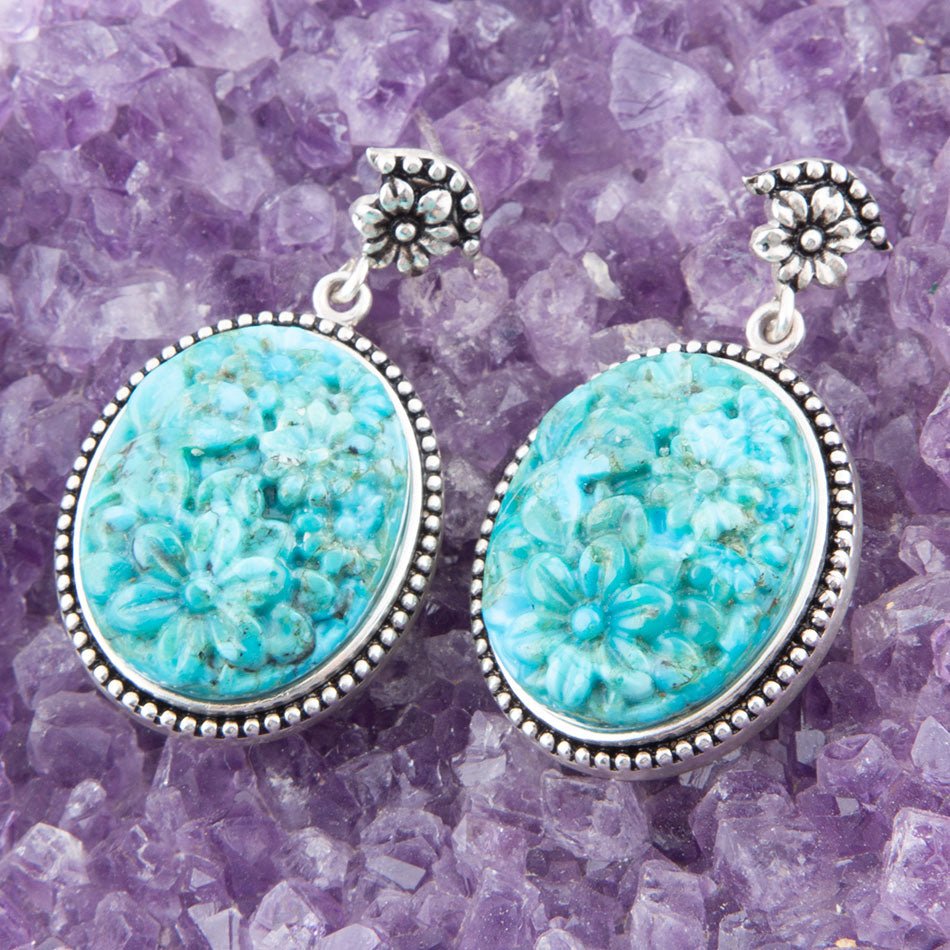 Carved Blue Turquoise Sterling Silver Drop Earrings
