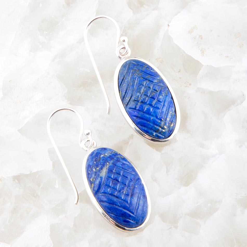 Carved Blue Lapis Sterling Silver Drop Earrings