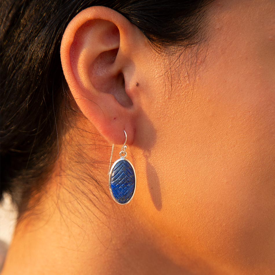 Carved Blue Lapis Sterling Silver Drop Earrings
