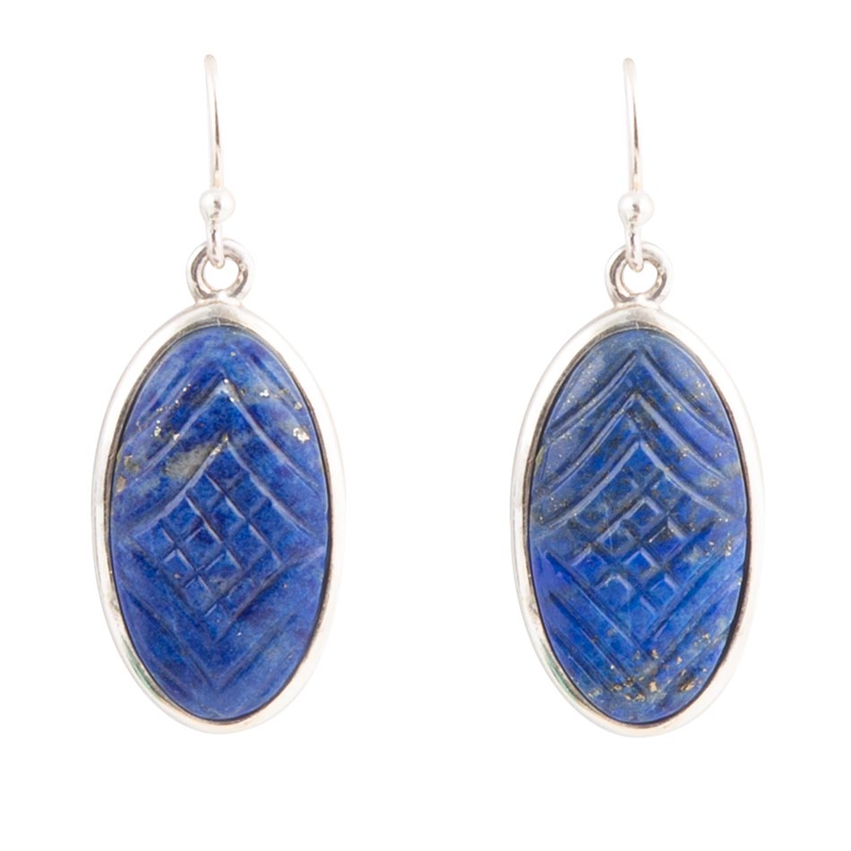 Carved Blue Lapis Sterling Silver Drop Earrings