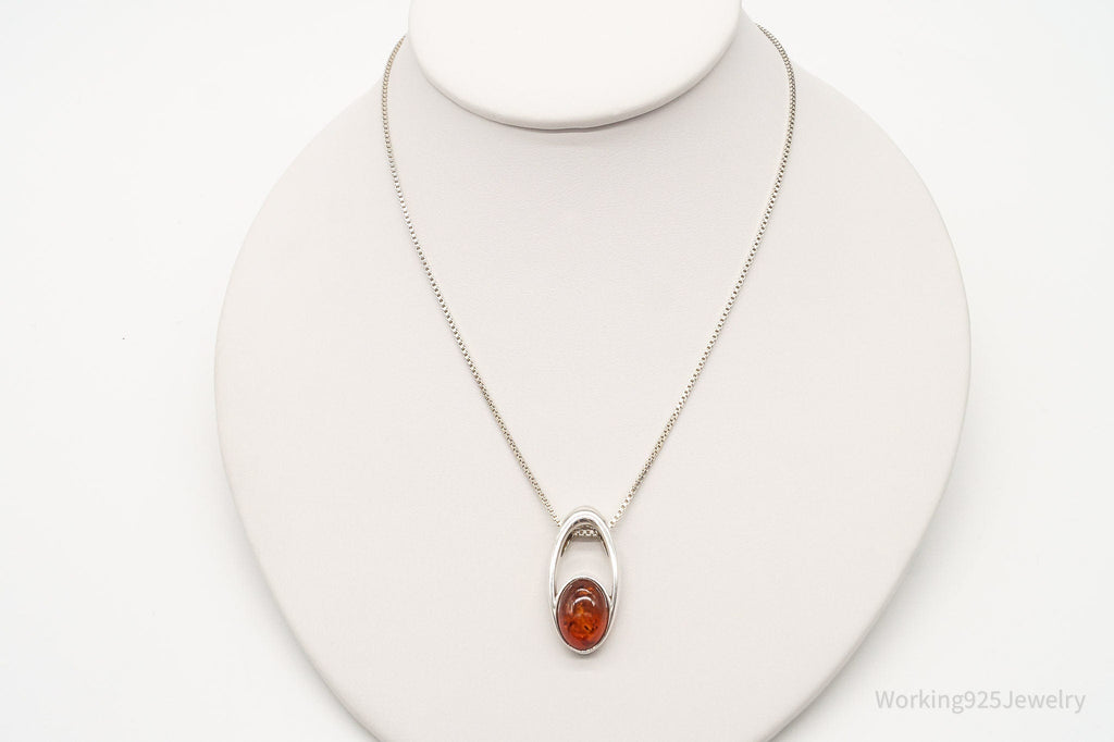 Vintage Amber Modernist Sterling Silver Chain Necklace