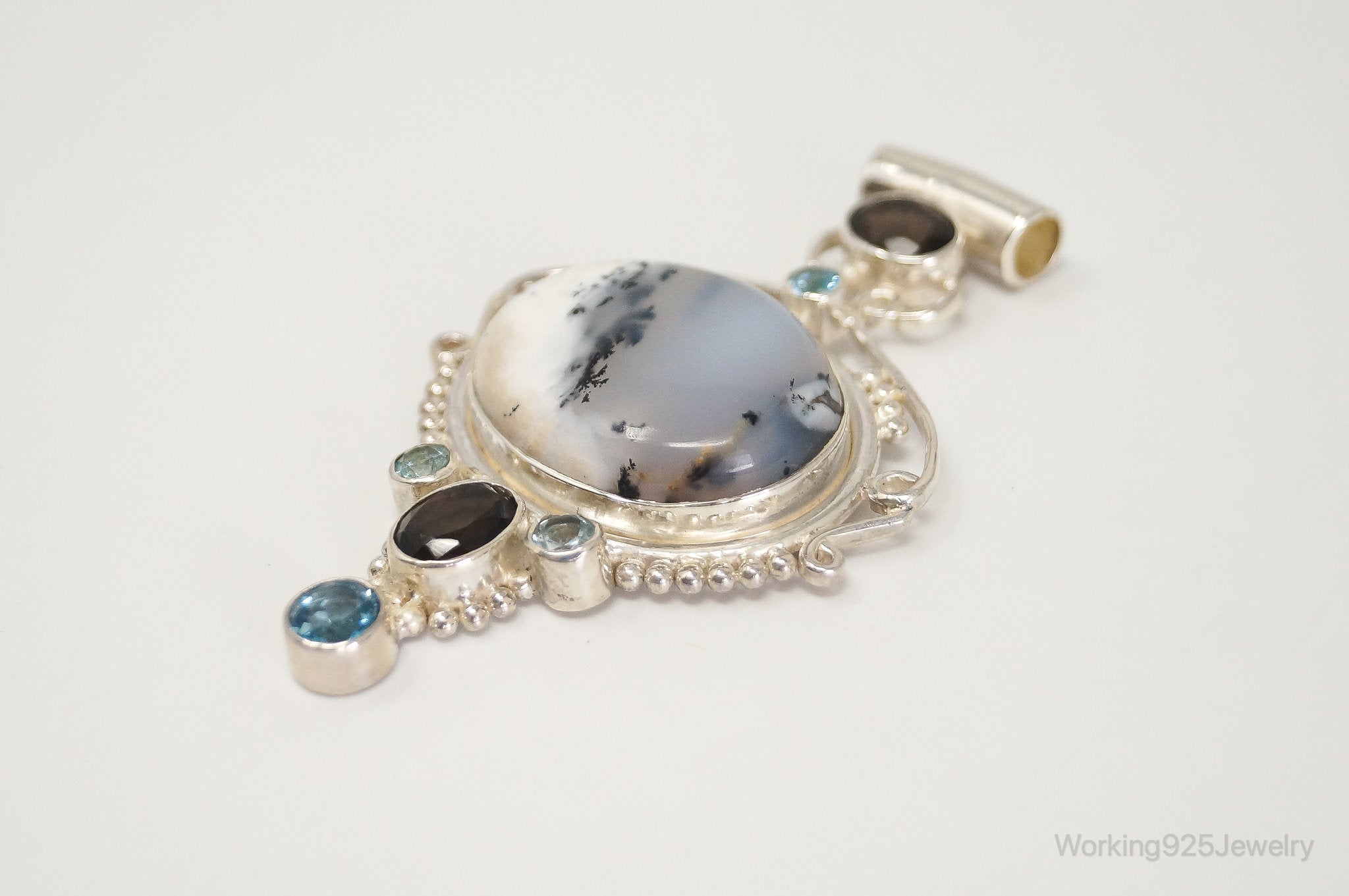 Large SAJEN Dendritic Agate Smoky Topaz Blue Topaz Sterling Silver Pendant