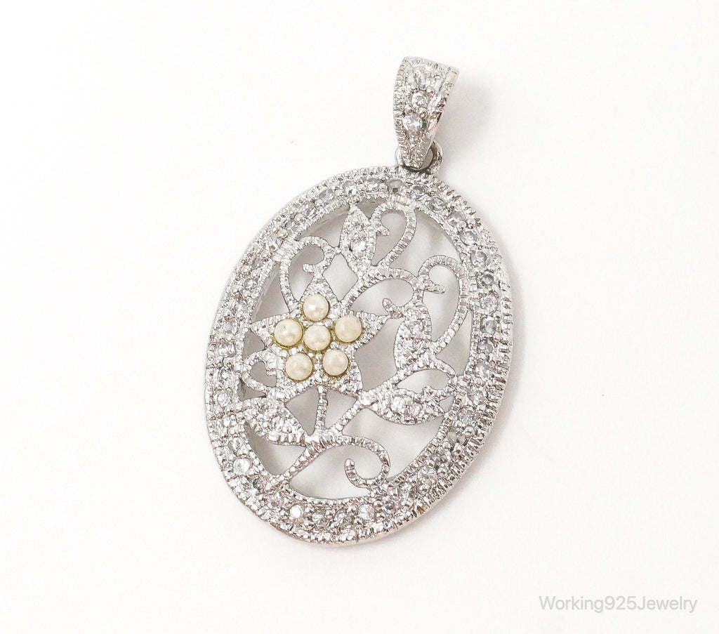 Large Vintage Faux Pearl Cubic Zirconia Sterling Silver Pendant
