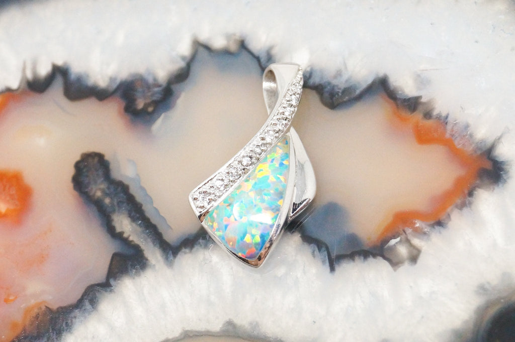 Vintage Designer AK Art Deco Fire Opal CZ Sterling Silver Necklace Pendant