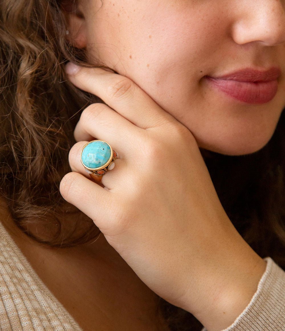 Champs Blue Turquoise and Coral Golden Statement Ring
