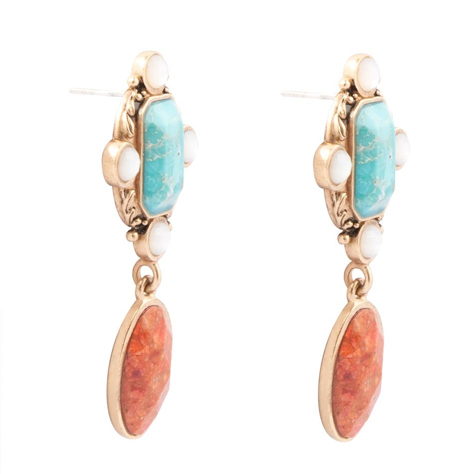 Champs Blue Turquoise and Orange Coral Post Drop Golden Earrings