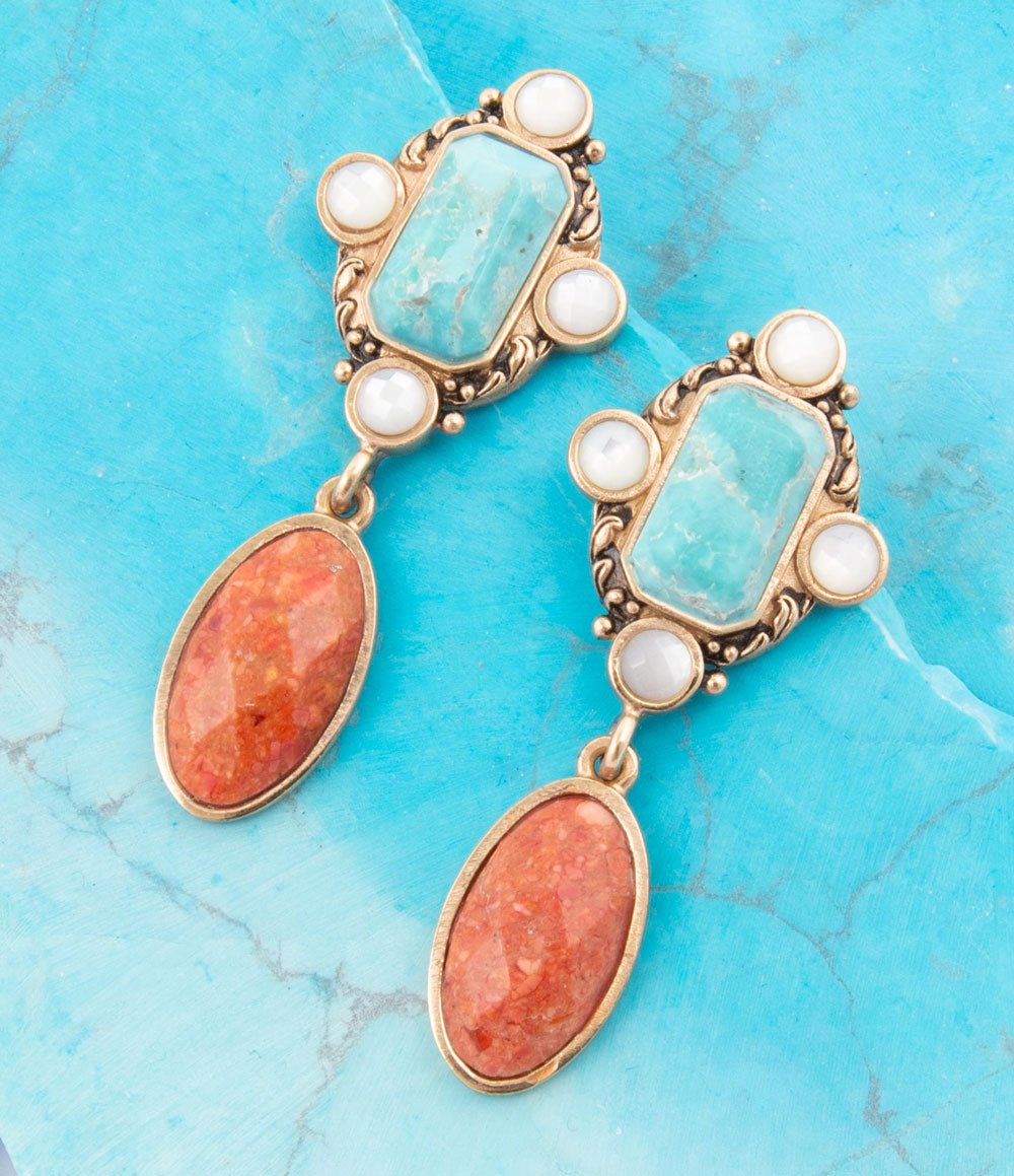 Champs Blue Turquoise and Orange Coral Post Drop Golden Earrings