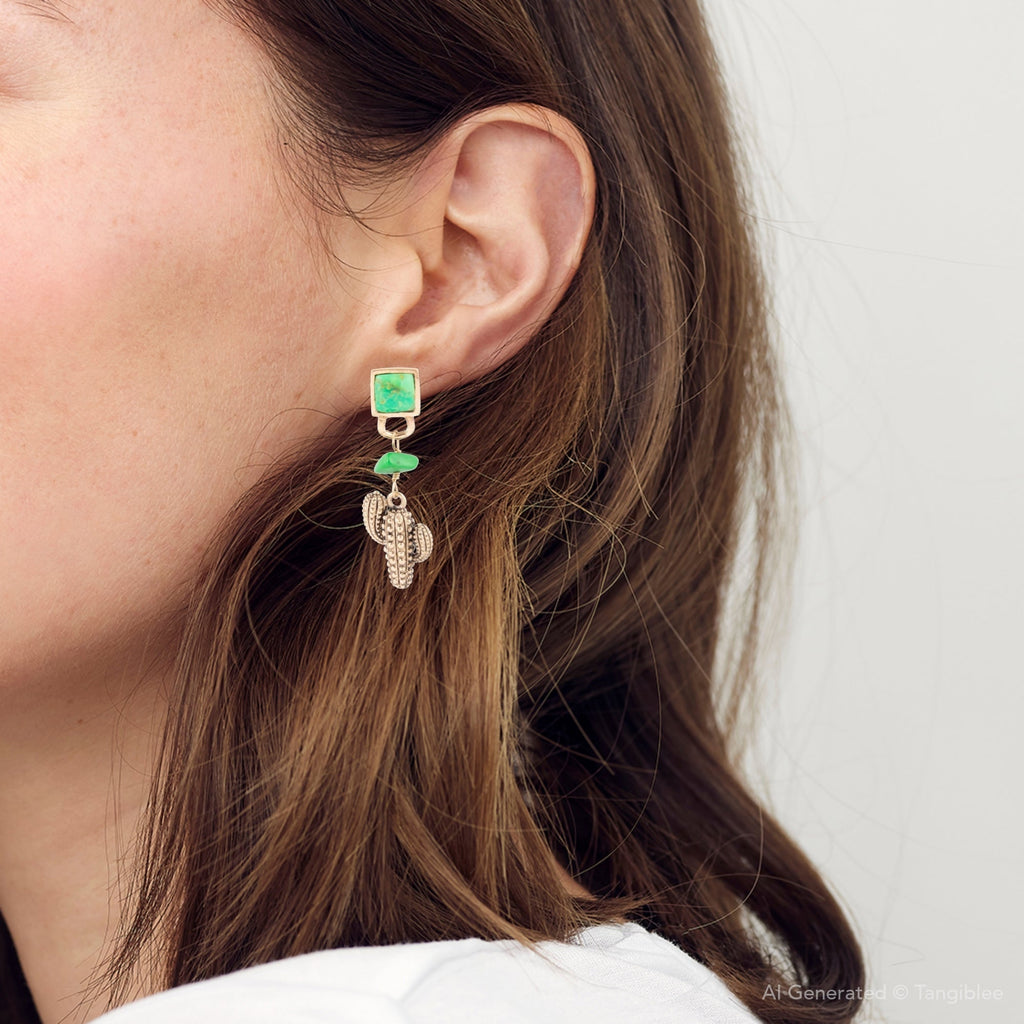 Charmed Cactus Lime Green Turquoise Post Earrings