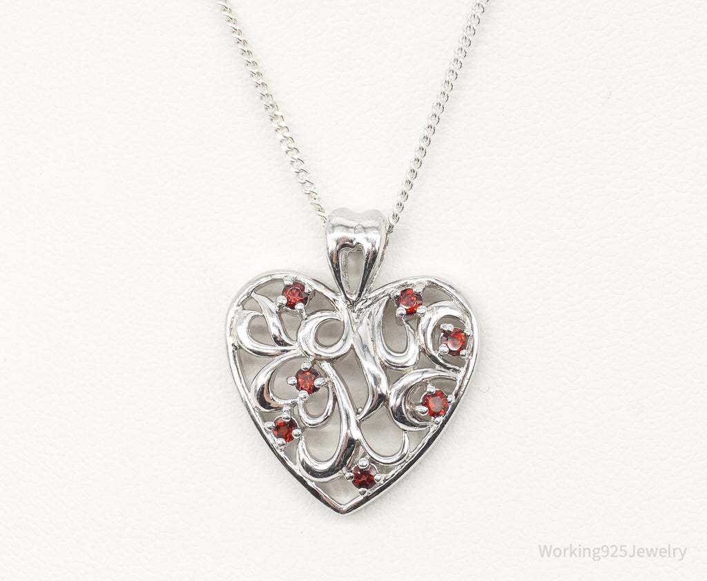Vintage Garnet Heart Sterling Silver Necklace