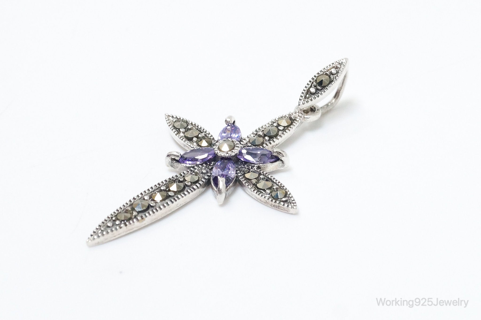 Large Vintage Amethyst Marcasite Cross Sterling Silver Pendant