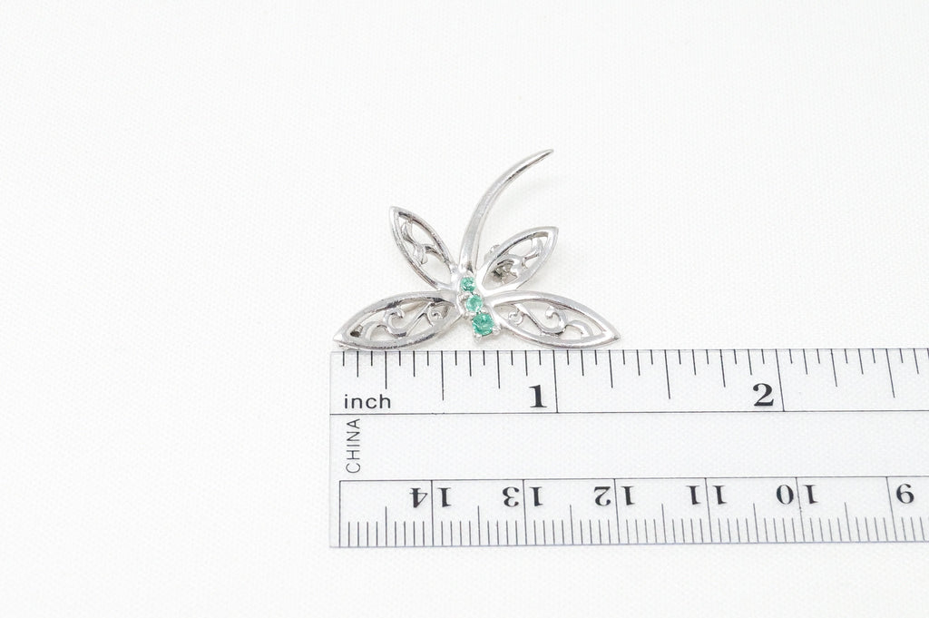 Vintage Emerald Dragonfly Sterling Silver Necklace Pendant