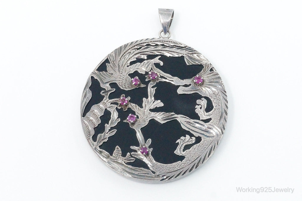 Vintage Large Ruby Black Onyx Etched Birds In Nature Sterling Silver Pendant