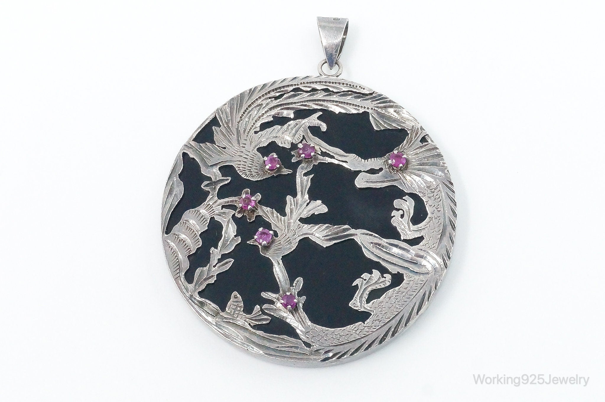 Vintage Large Ruby Black Onyx Etched Birds In Nature Sterling Silver Pendant