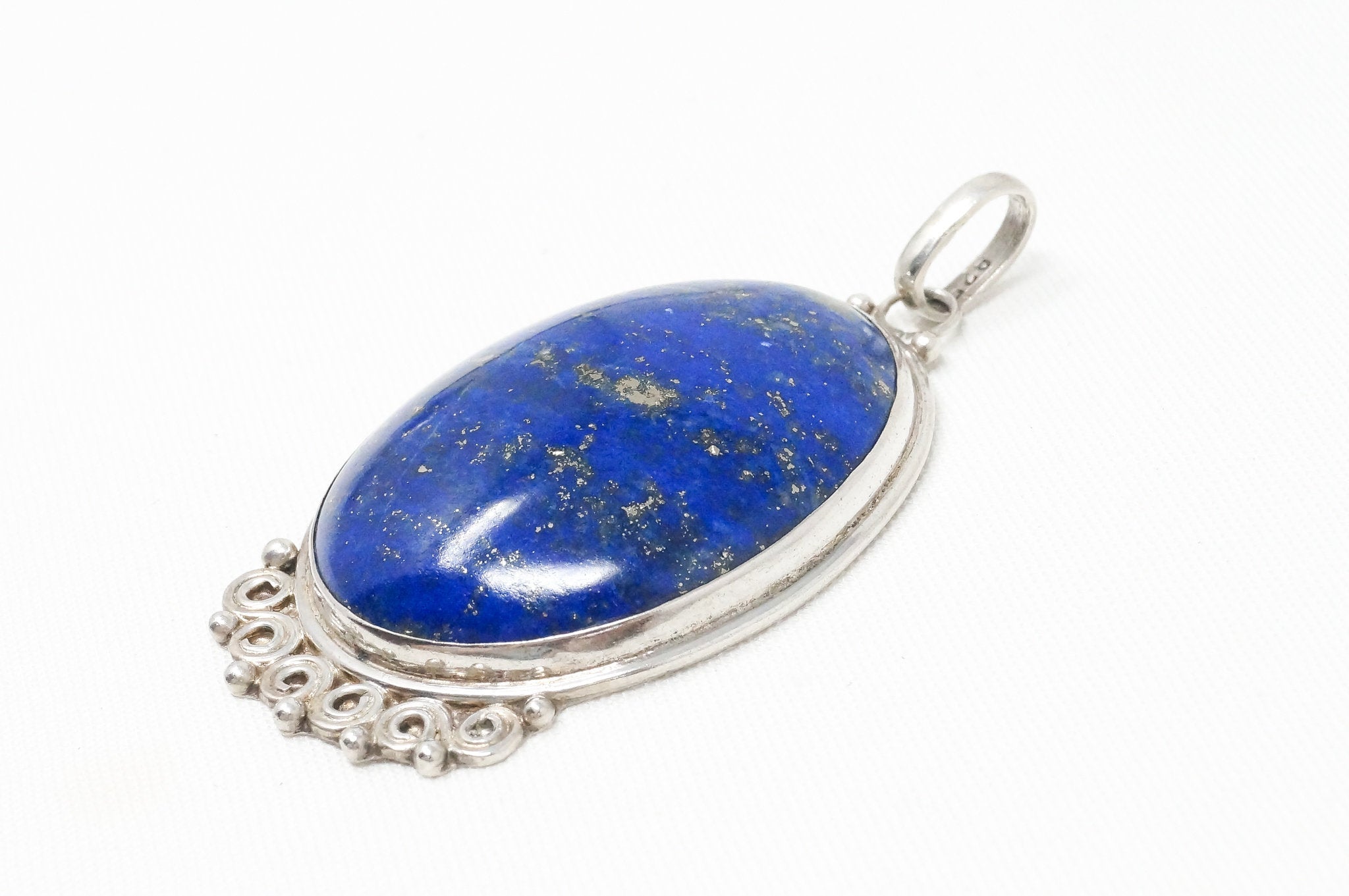 Vintage Large Handmade Lapis Lazuli Sterling Silver Necklace Pendant