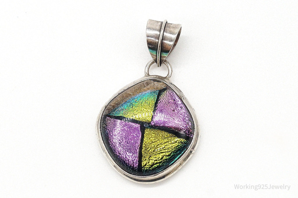 Vintage Large Dichroic Glass Sterling Silver Necklace Pendant