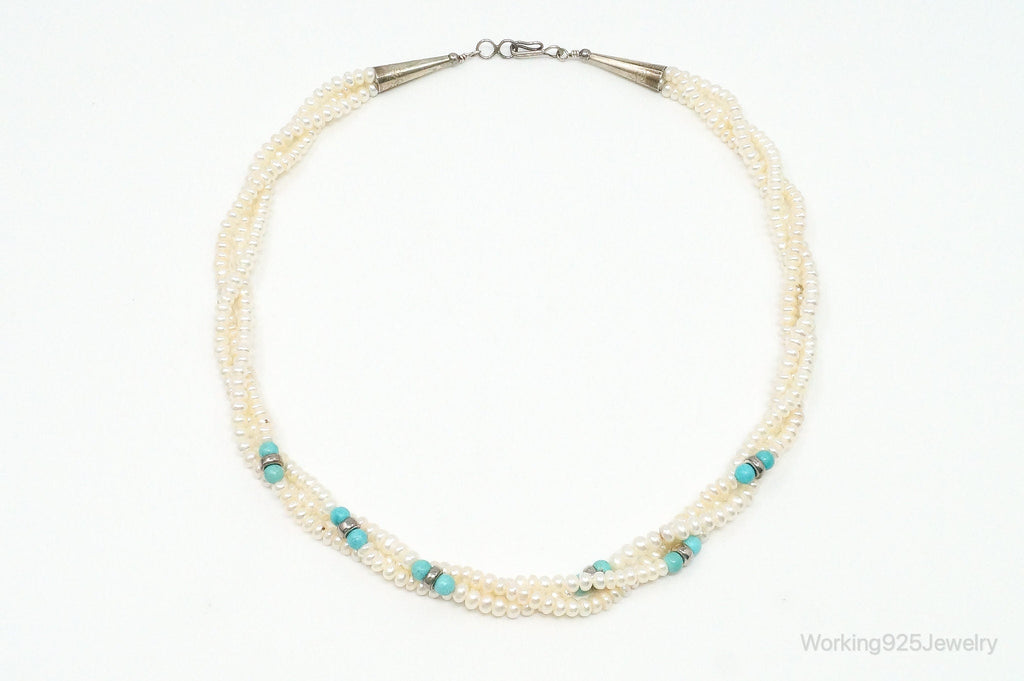 Vintage Native American Turquoise & Pearl Sterling Silver Bead Necklace