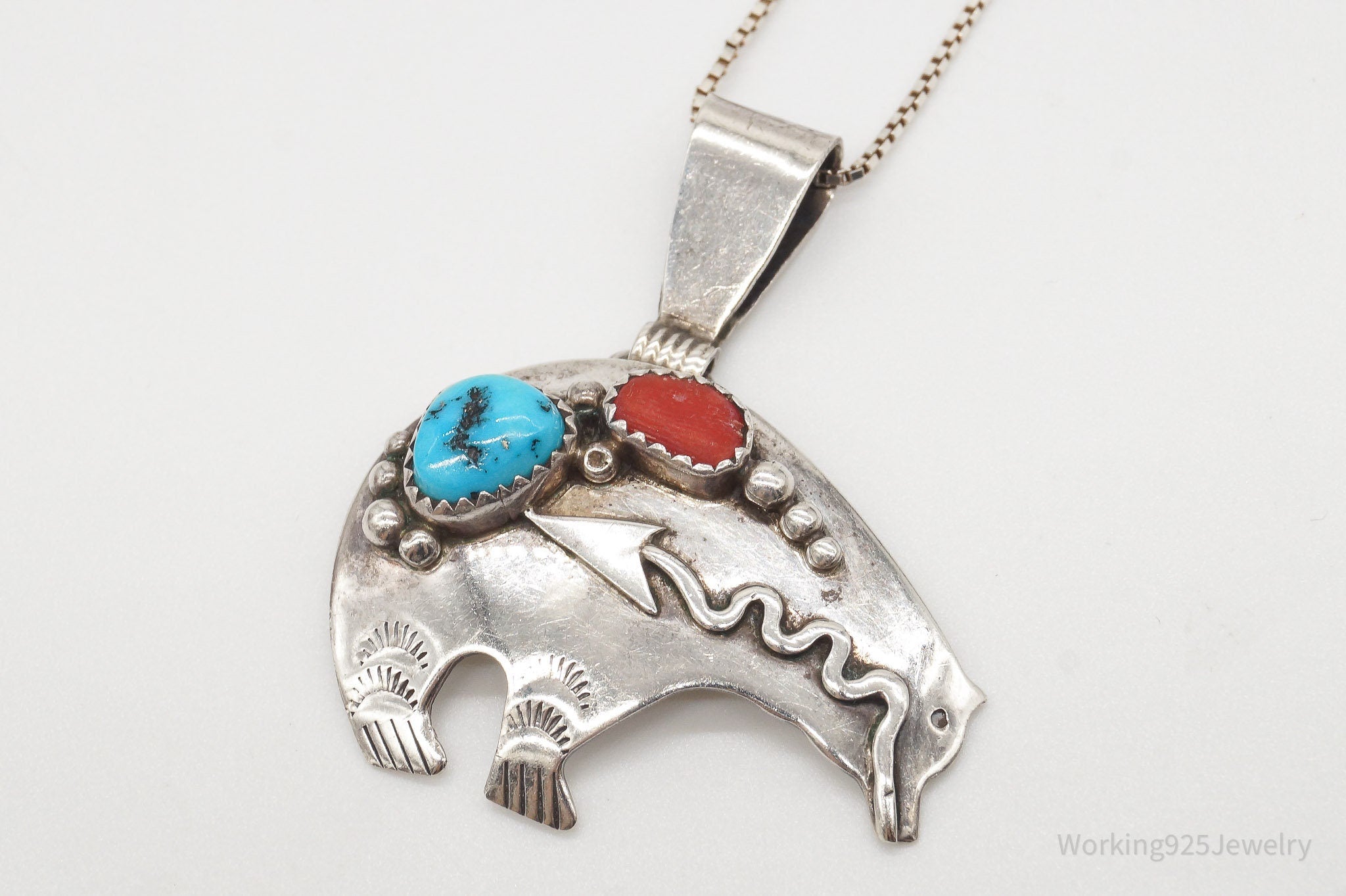 Vintage Native American Richard Begay Turquoise Coral Sterling Silver Necklace