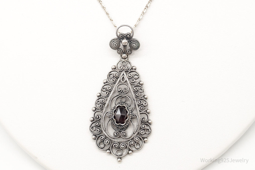 Vintage Garnet Filigree 835 Silver Necklace