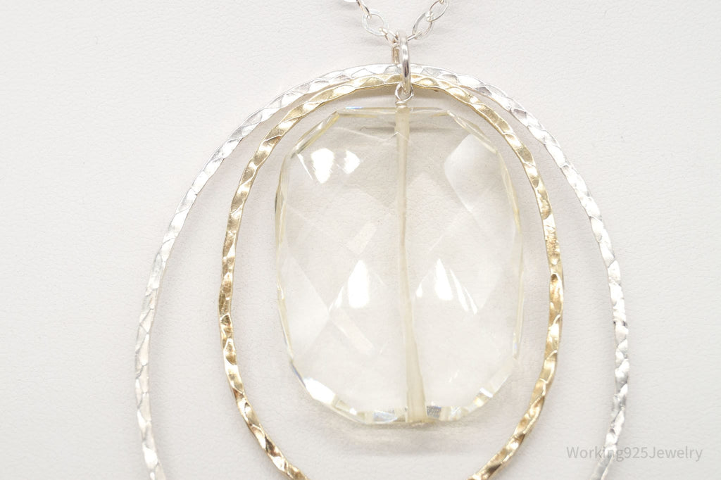 Vintage Large Glass Stone Brass Sterling Silver Necklace 30"