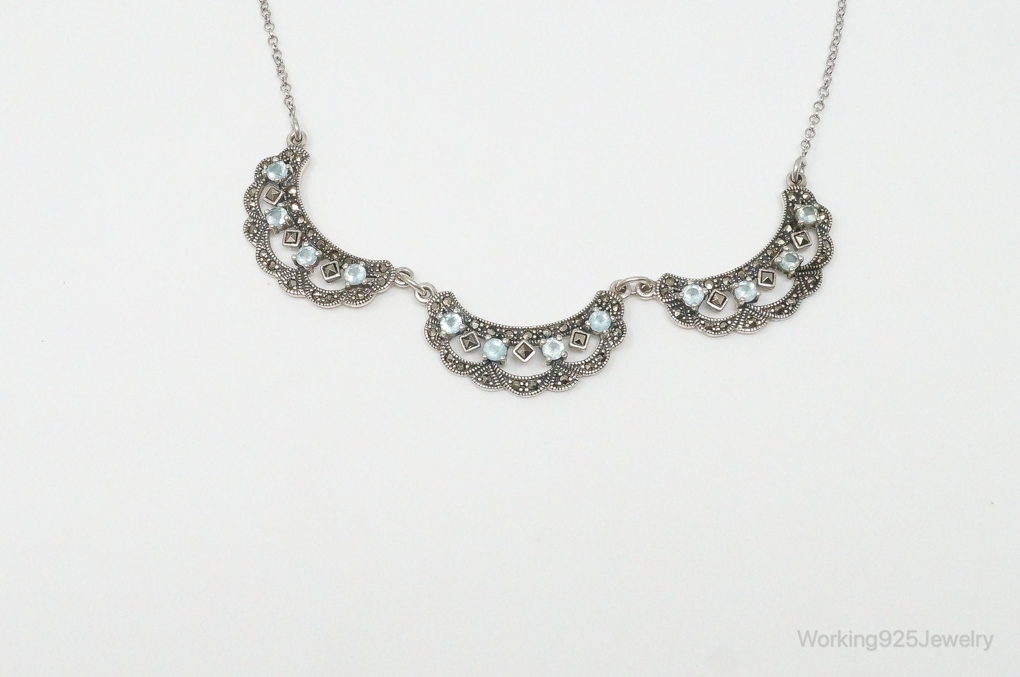 Vintage Art Deco Blue Topaz Marcasite Sterling Silver Necklace