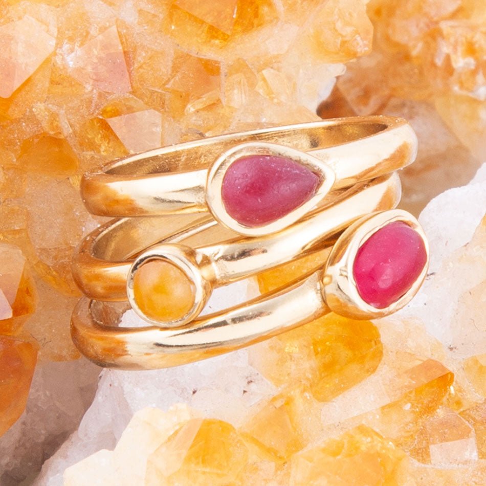 Dainty Stackable Red and Yellow Agate Golden Ring Set