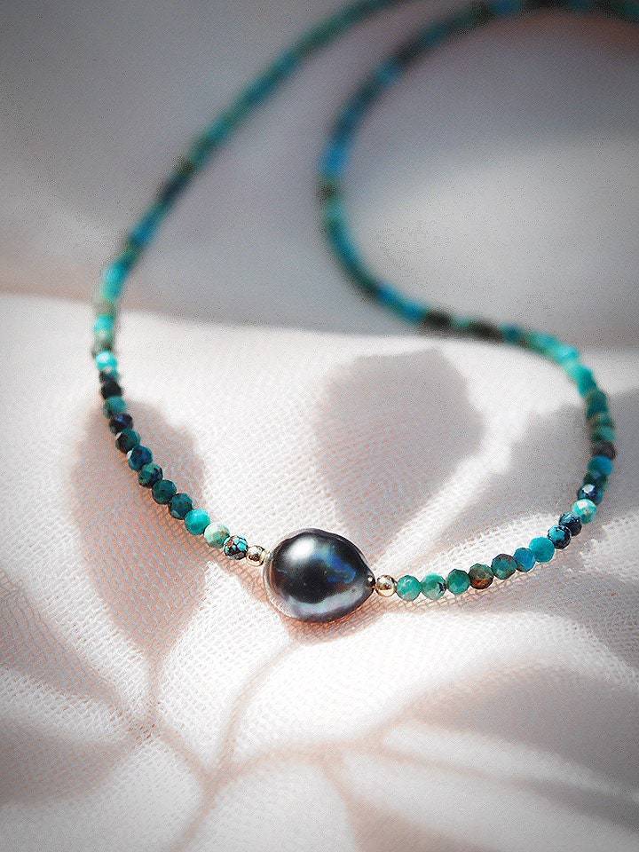 Dainty Turquoise Tahitian Pearl Choker Necklace - Gold Ipo