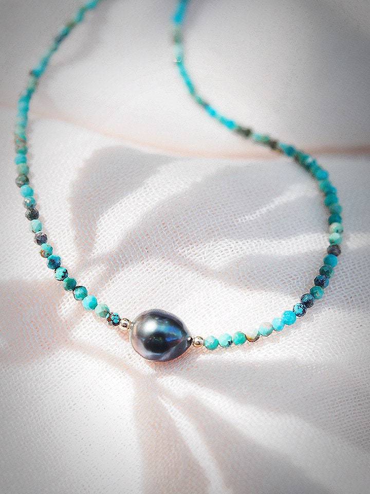 Dainty Turquoise Tahitian Pearl Choker Necklace - Gold Ipo