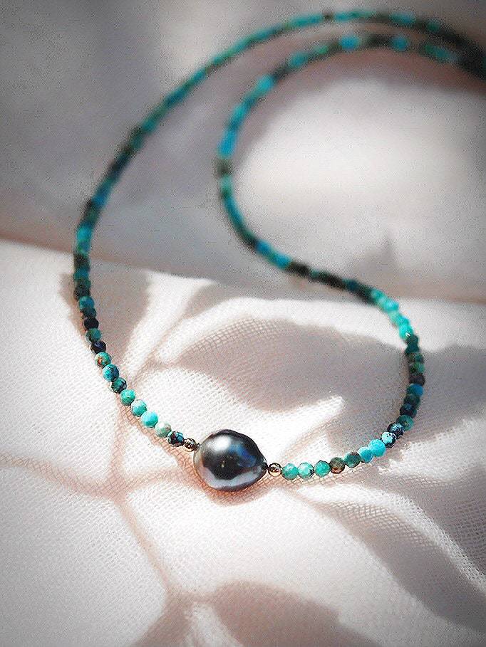 Dainty Turquoise Tahitian Pearl Choker Necklace - Gold Ipo