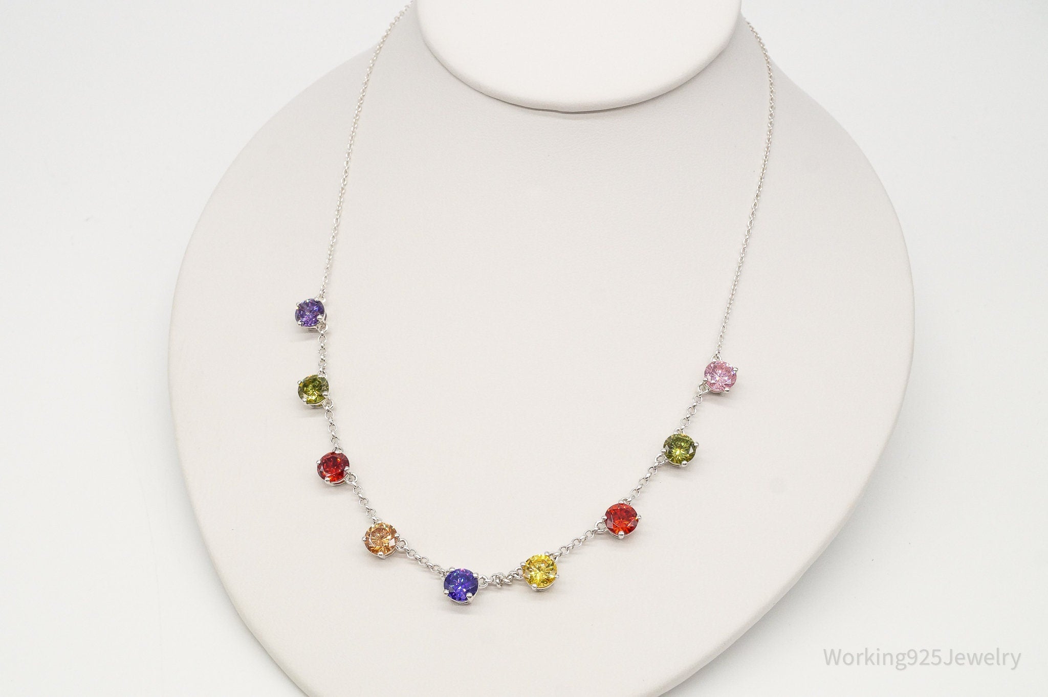 Vintage Multi Rainbow Colors Cubic Zirconia Sterling Silver Necklace