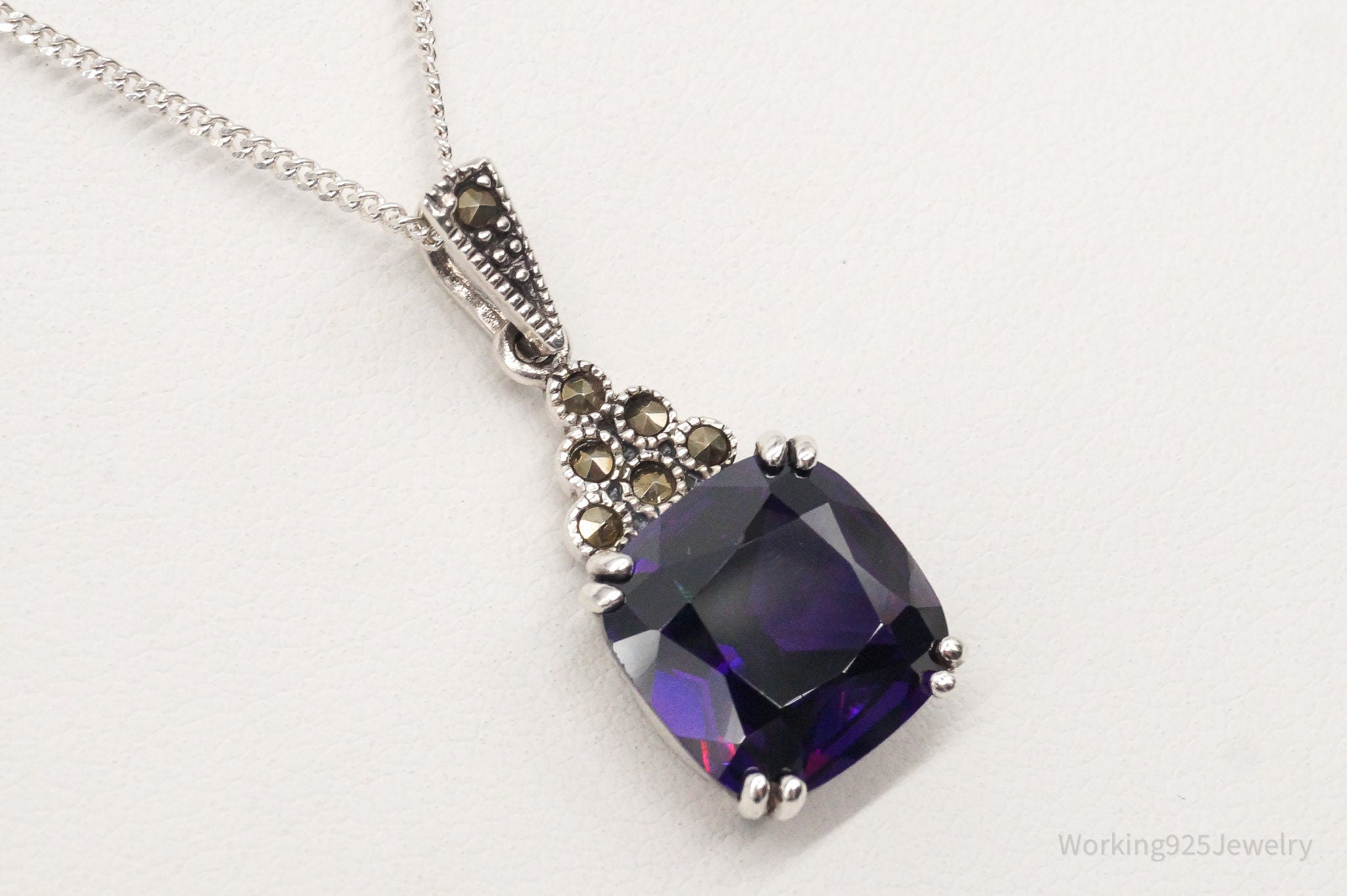 Vintage Purple Cubic Zirconia Marcasite Sterling Silver Necklace