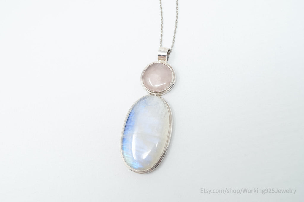 Vintage Large Moonstone Rose Quartz Sterling Silver Southwestern Necklace