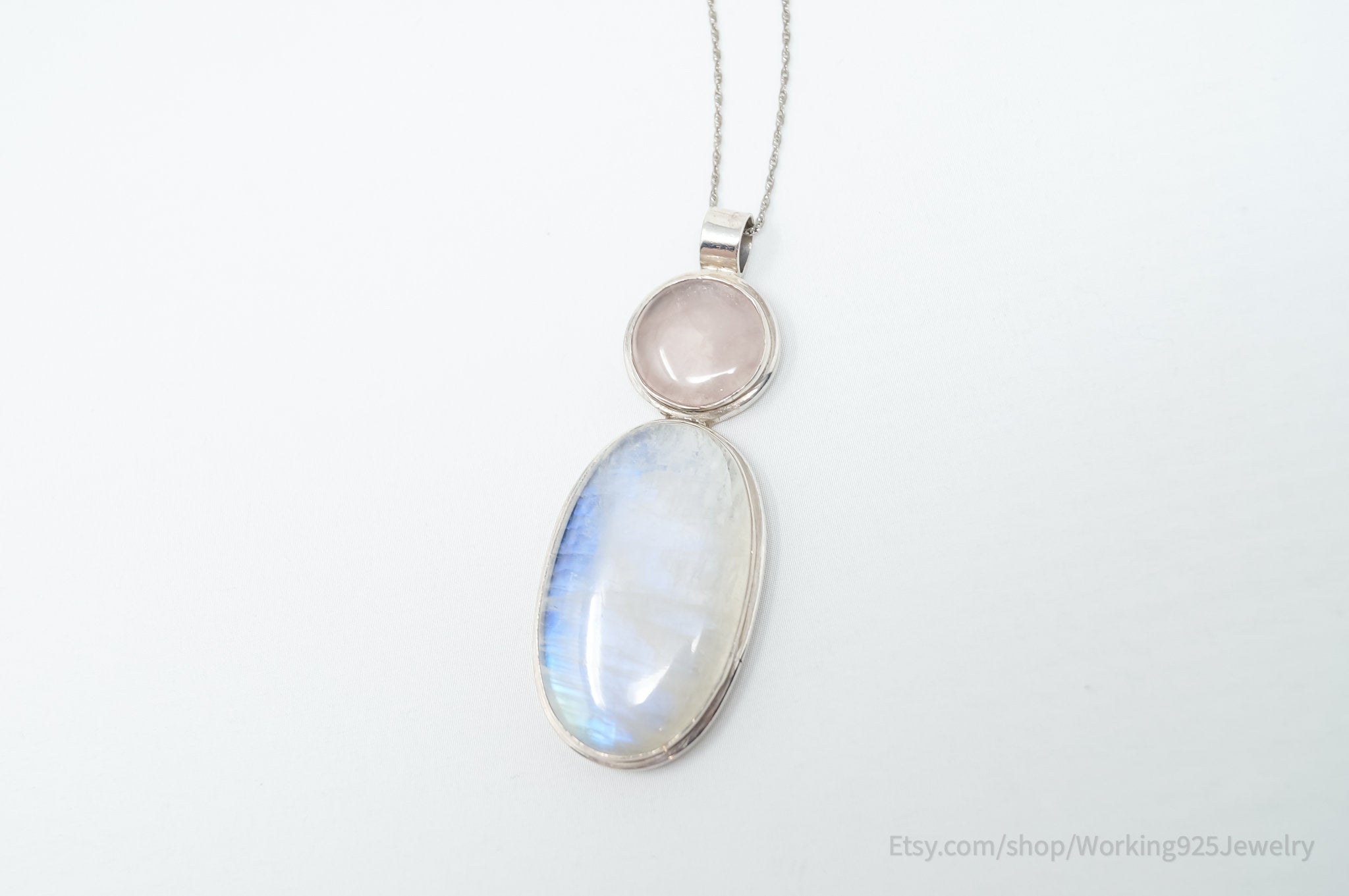 Vintage Large Moonstone Rose Quartz Sterling Silver Southwestern Necklace