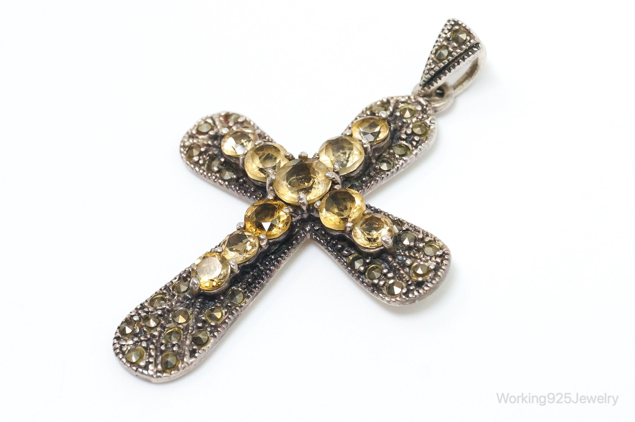 Large Vintage Citrine Marcasite Cross Sterling Silver Pendant