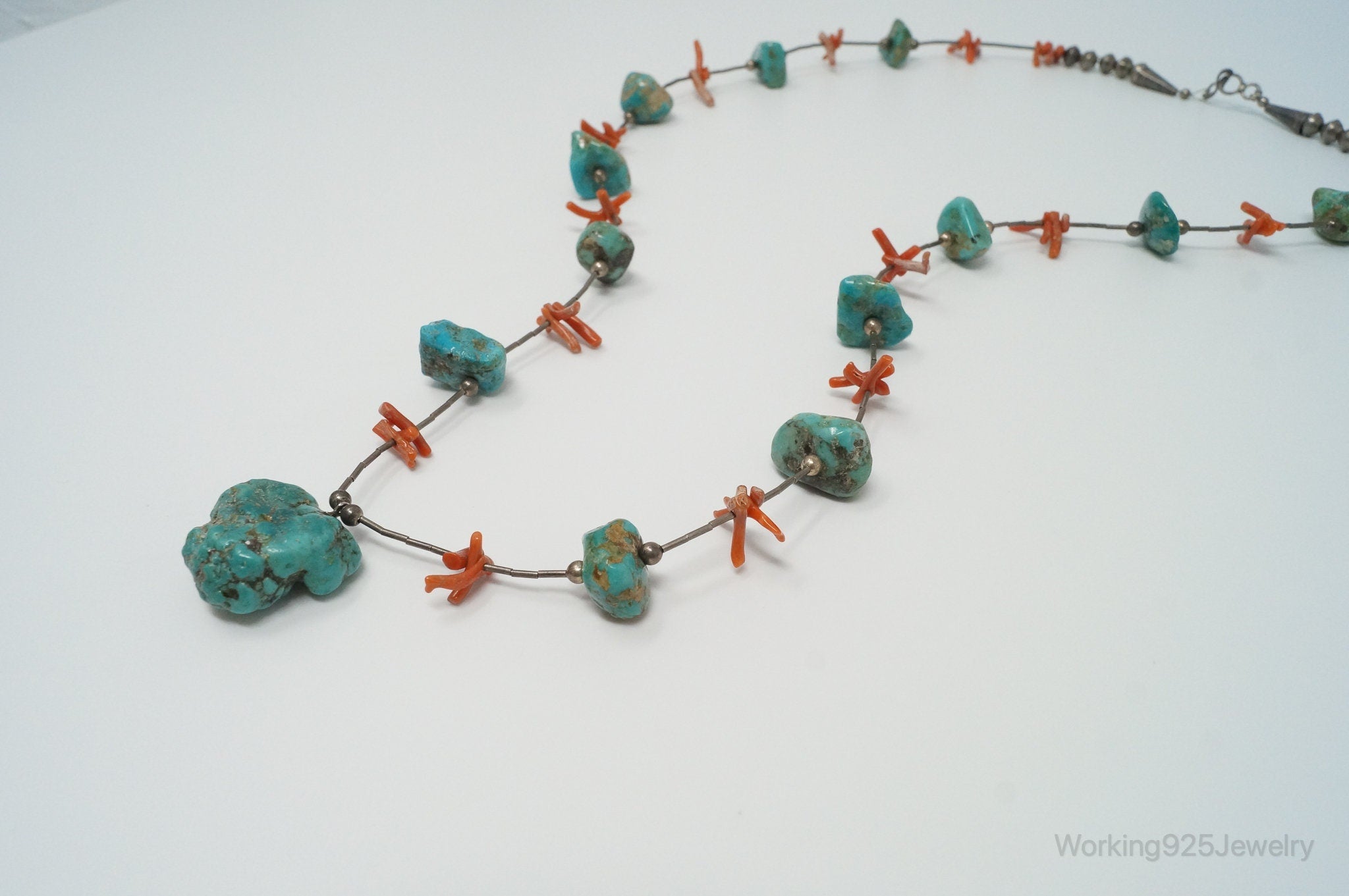 Vintage Native American Unsigned Turquoise Coral Sterling Silver Necklace