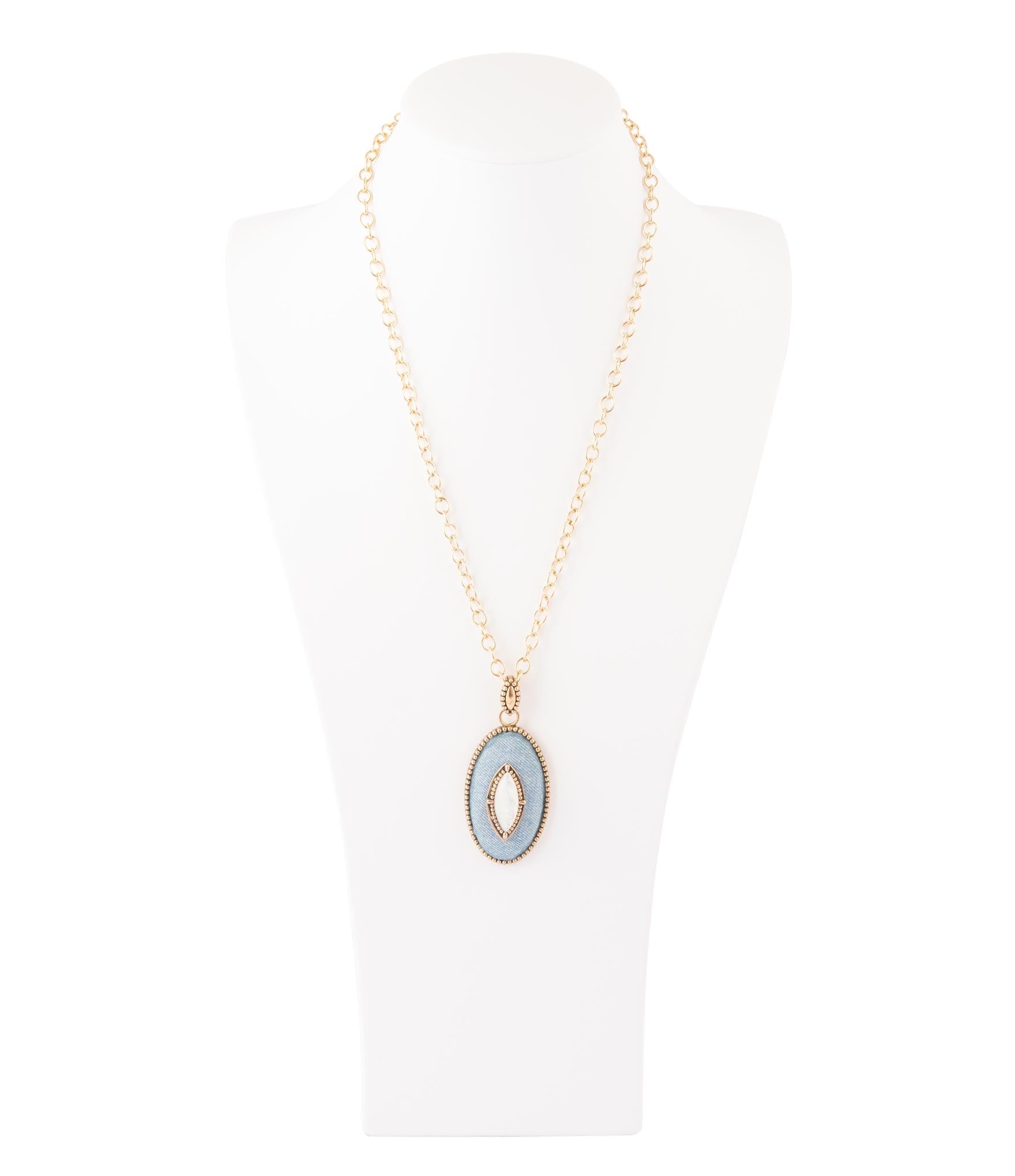 Blue Denim Dreams White Mother of Pearl Golden Pendant Necklace