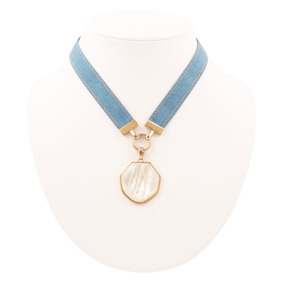 Blue Denim Dreams White Mother of Pearl Ribbon Golden Pendant Necklace