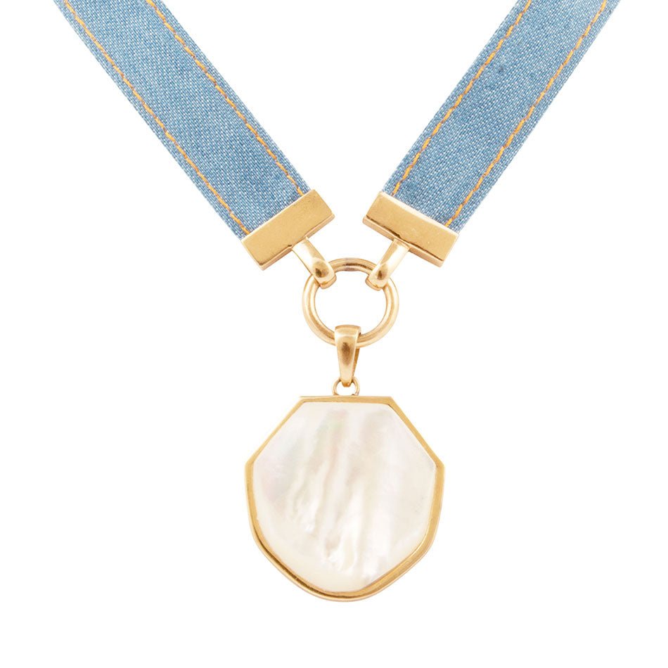 Blue Denim Dreams White Mother of Pearl Ribbon Golden Pendant Necklace