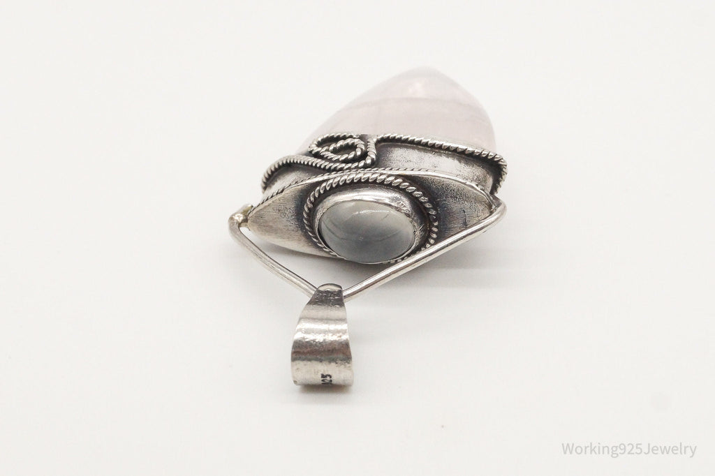 Vintage Large Rose Quartz White Moonstone Sterling Silver Pendant