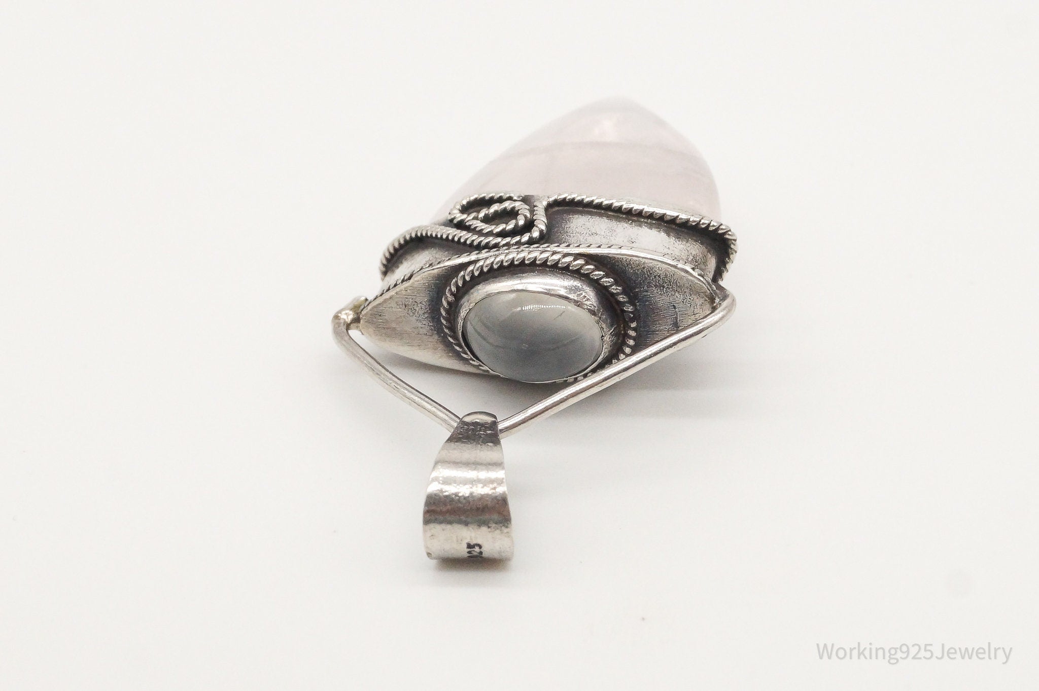 Vintage Large Rose Quartz White Moonstone Sterling Silver Pendant