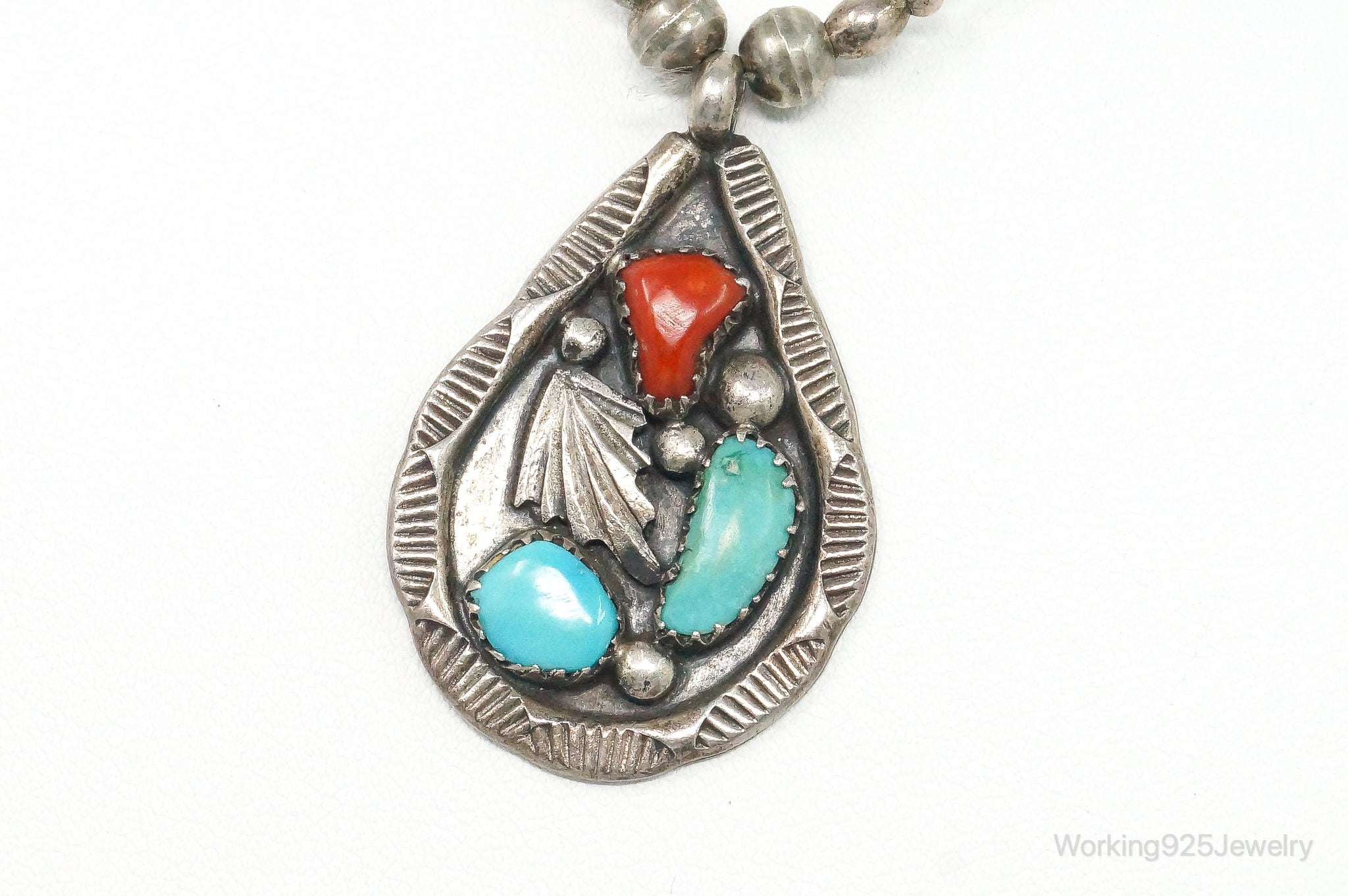Vintage Native American Zuni Turquoise Coral Sterling Silver Necklace